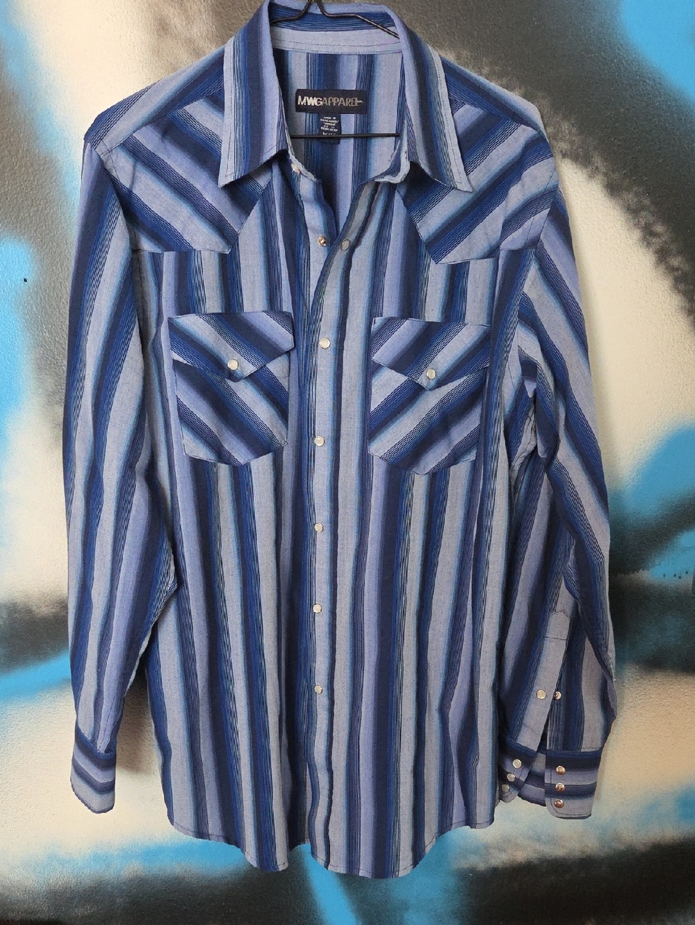 Striped Blue Long-Sleeve Snap Button-Down Shirt